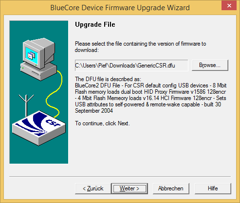 DFUWizard with the DFU file tp flash selected