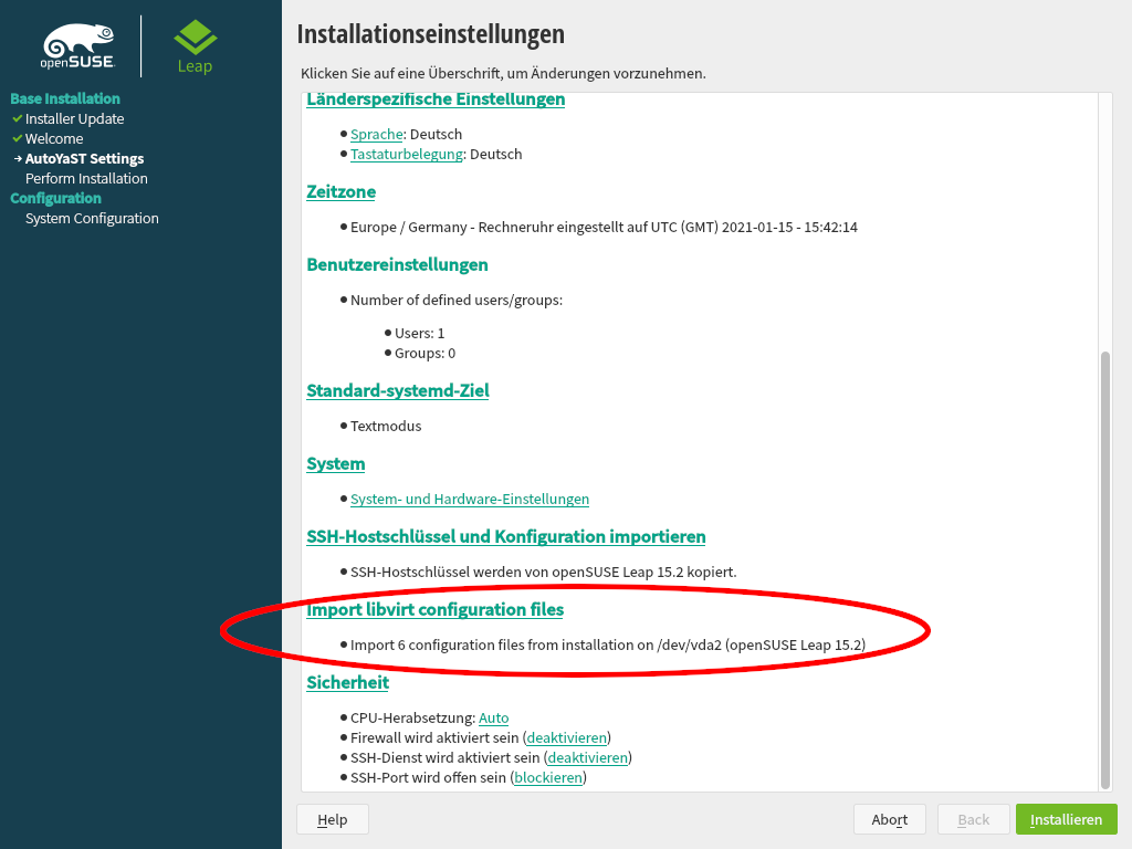 Screenshot of Yast's installation proposal summary screen