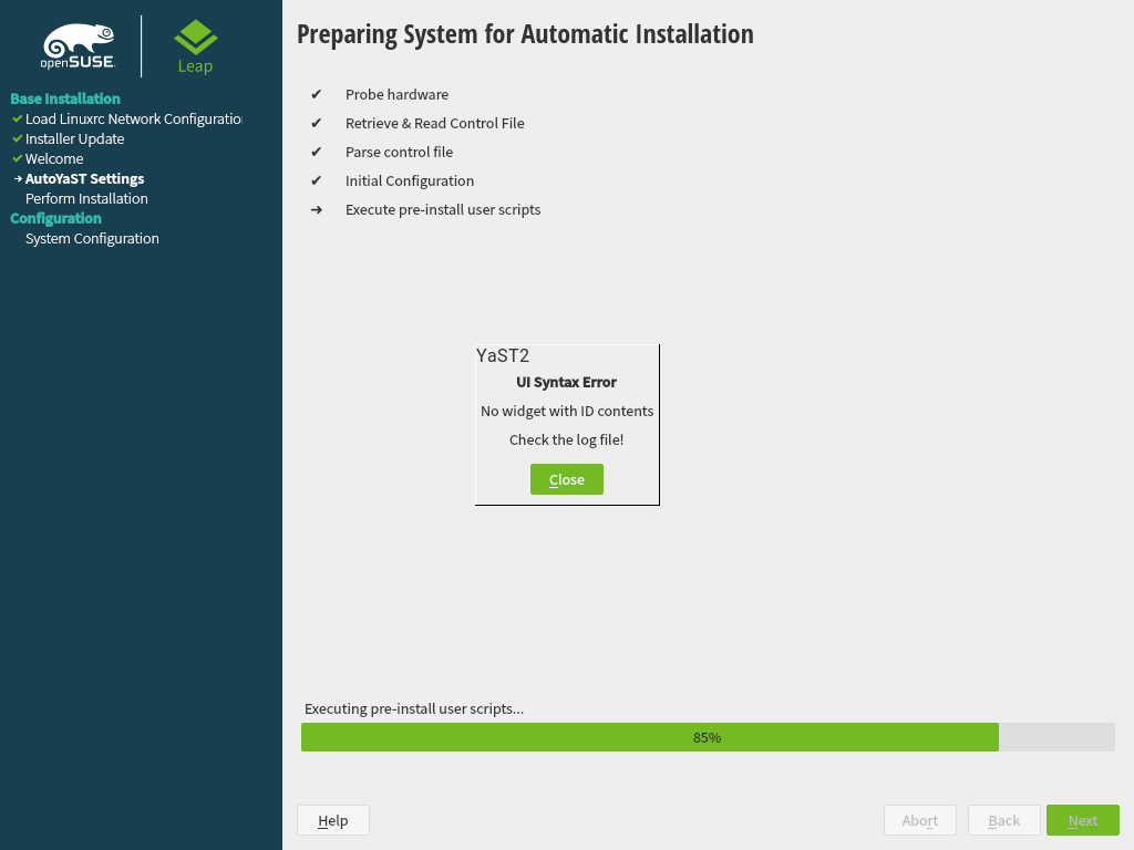 Autoyast 'No widget with ID contents' error message