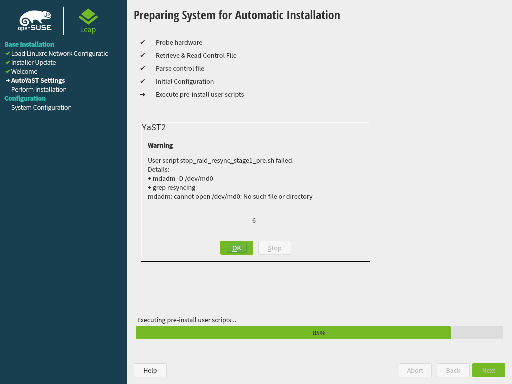 Autoyast pre-script errors