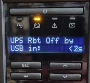 APC SmartUPS 750 displaying "UPS Rbt Off by UBS in: XXs" message