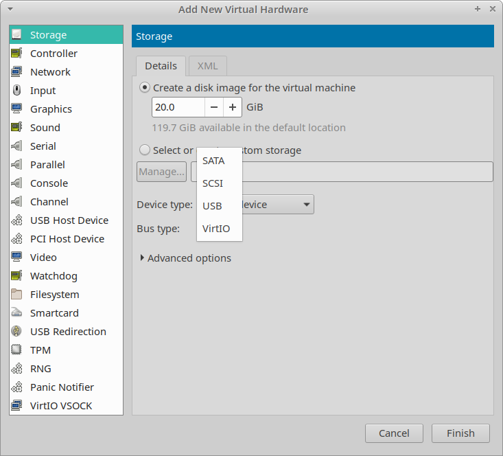 Screenshot of virt-manager's "Add hardware / storage" dialog